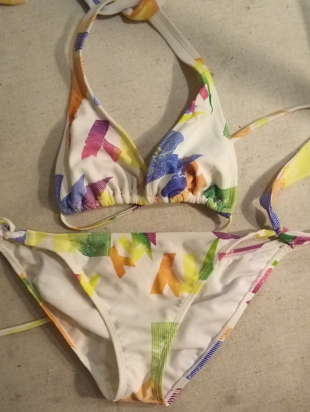 Rusty White Bikini with Multicolor Abstract Print L BOTTOM M TOP